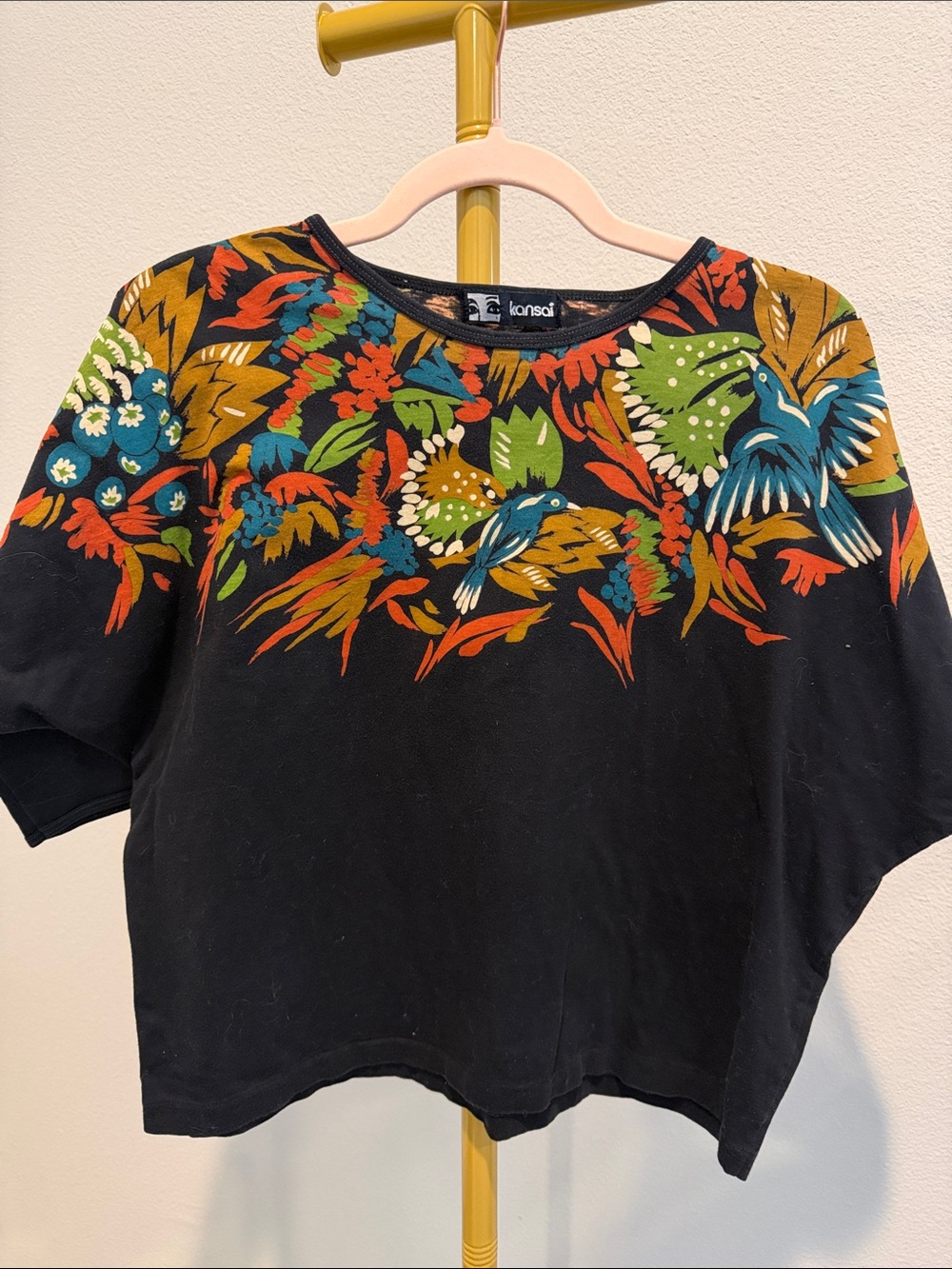 Vintage Kansai Tropical Bird Floral Graphic Crop Tee Black Size Large L